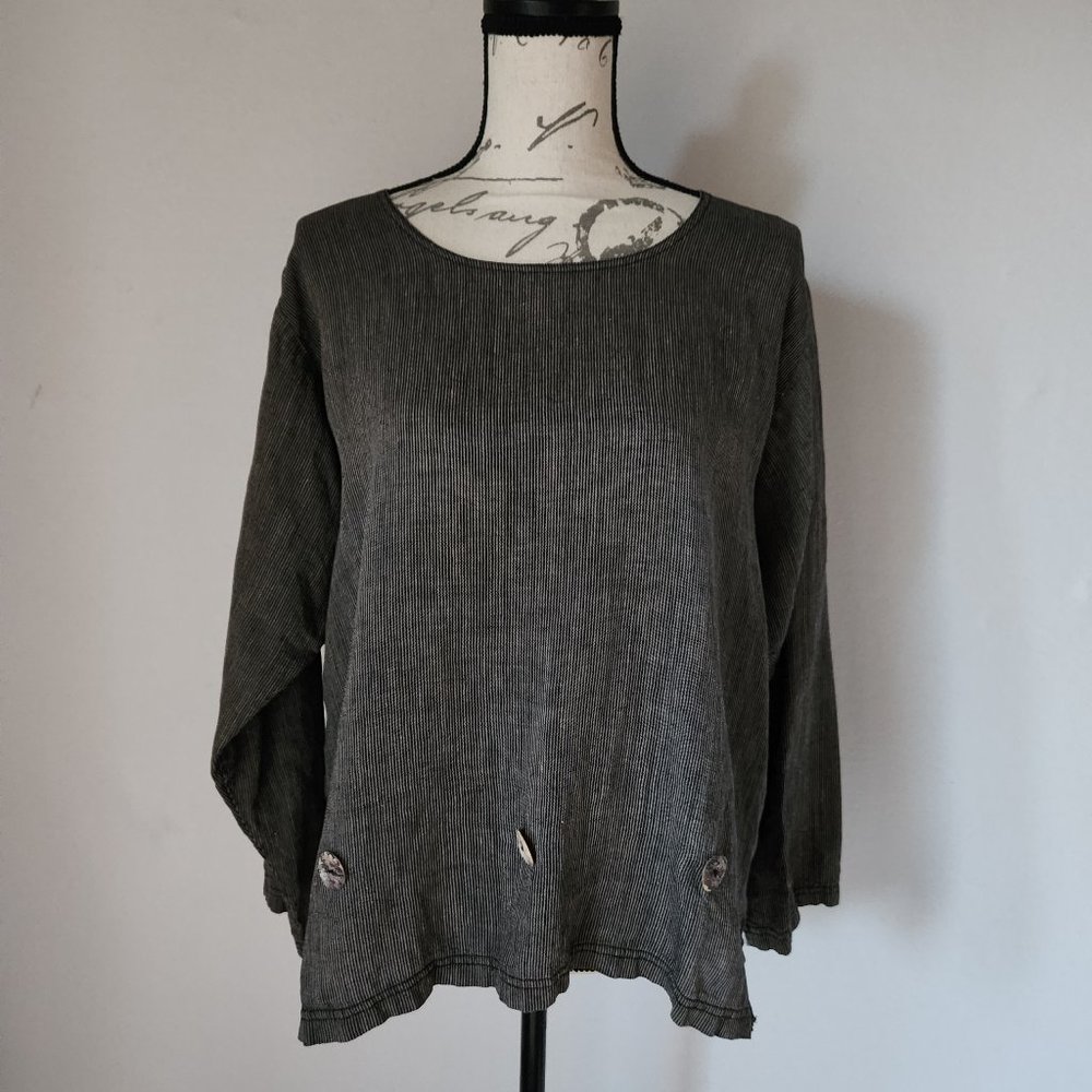 What's Up Lagenlook Linen Pinstripe Top Button-Accent Long Sleeve Black Oversize